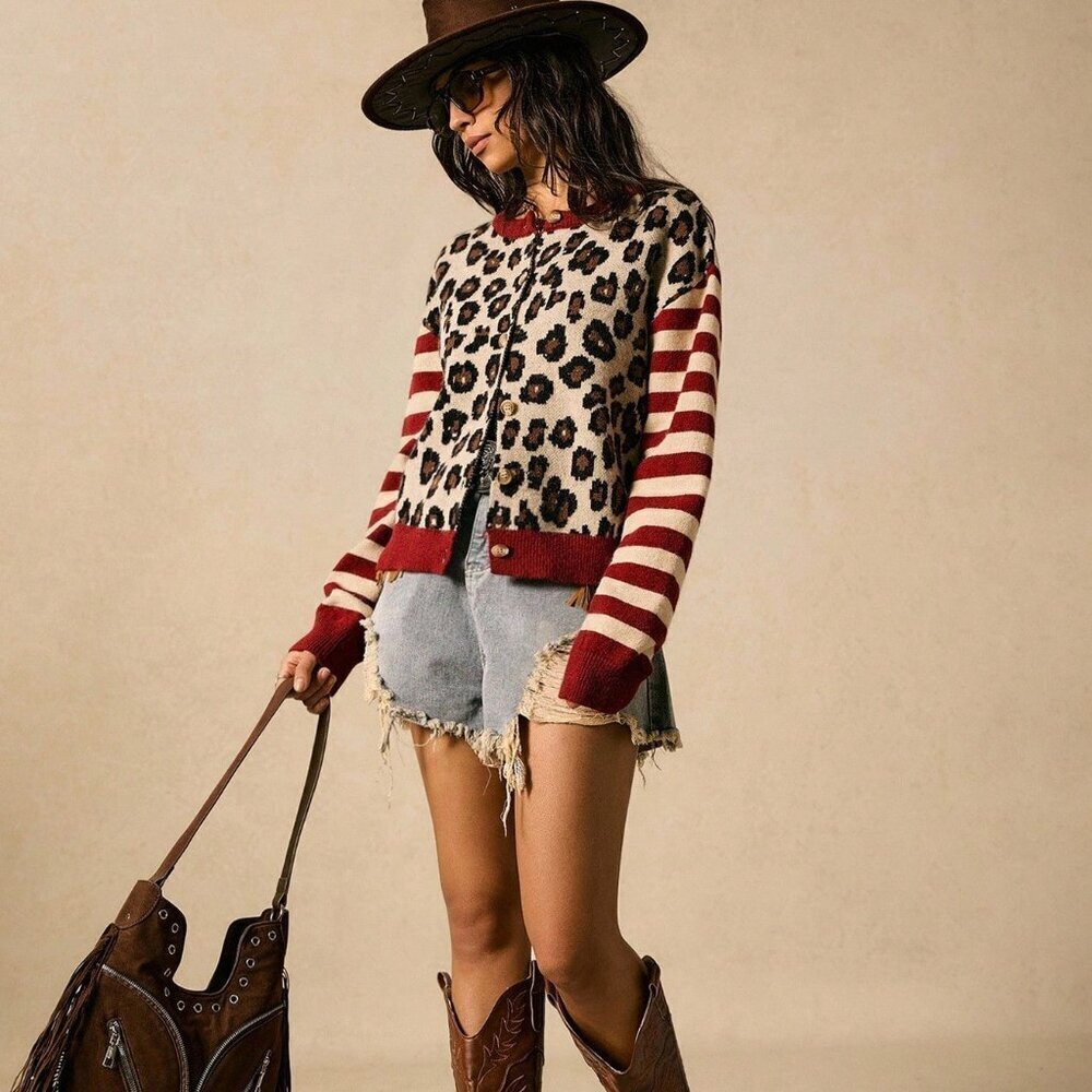 leopard & striped Casual Women's knit sweater cardigan - Picture 3 of 7